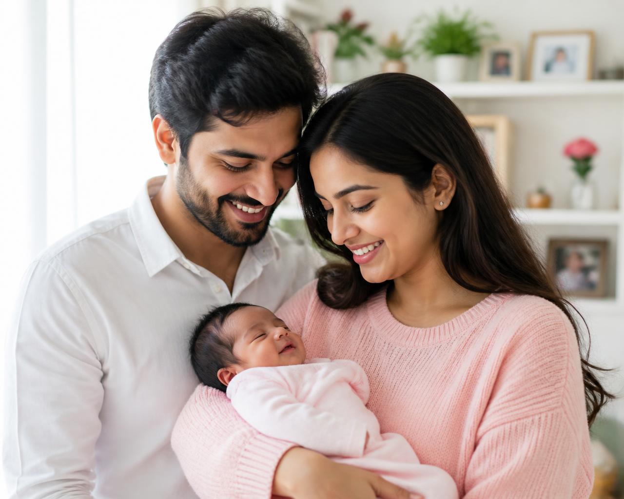 Parents holding their newborn baby after successful IVF treatment